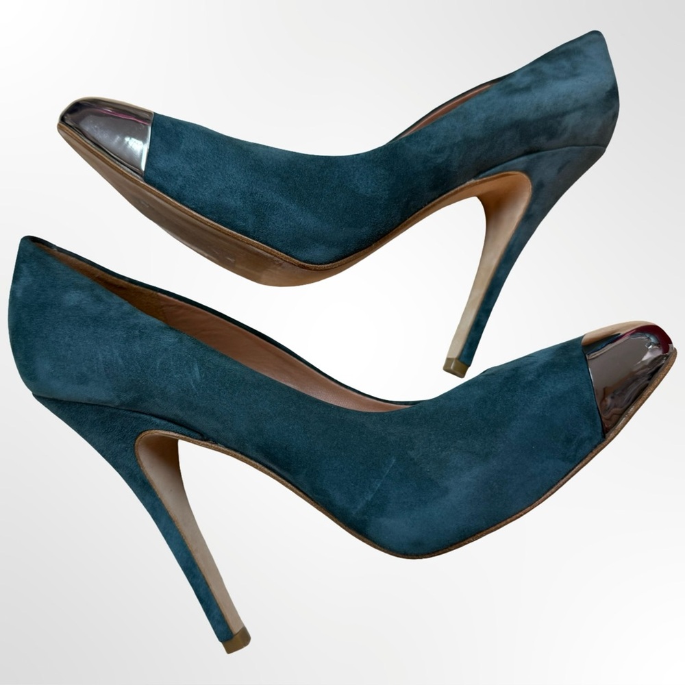 SIGERSON MORRISON “Mona Lisa”Womens sz 9M Teal Suede Silver Cap Toe Heels